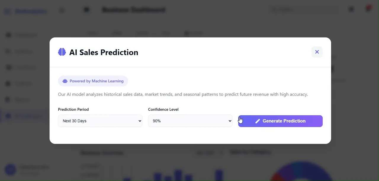 DataVision Pro — AI sales prediction panel with confidence level
