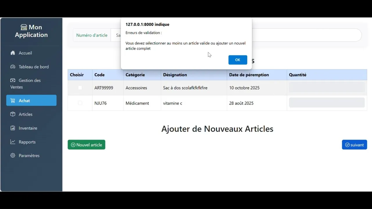 Stock management system — adding new articles with expiry dates